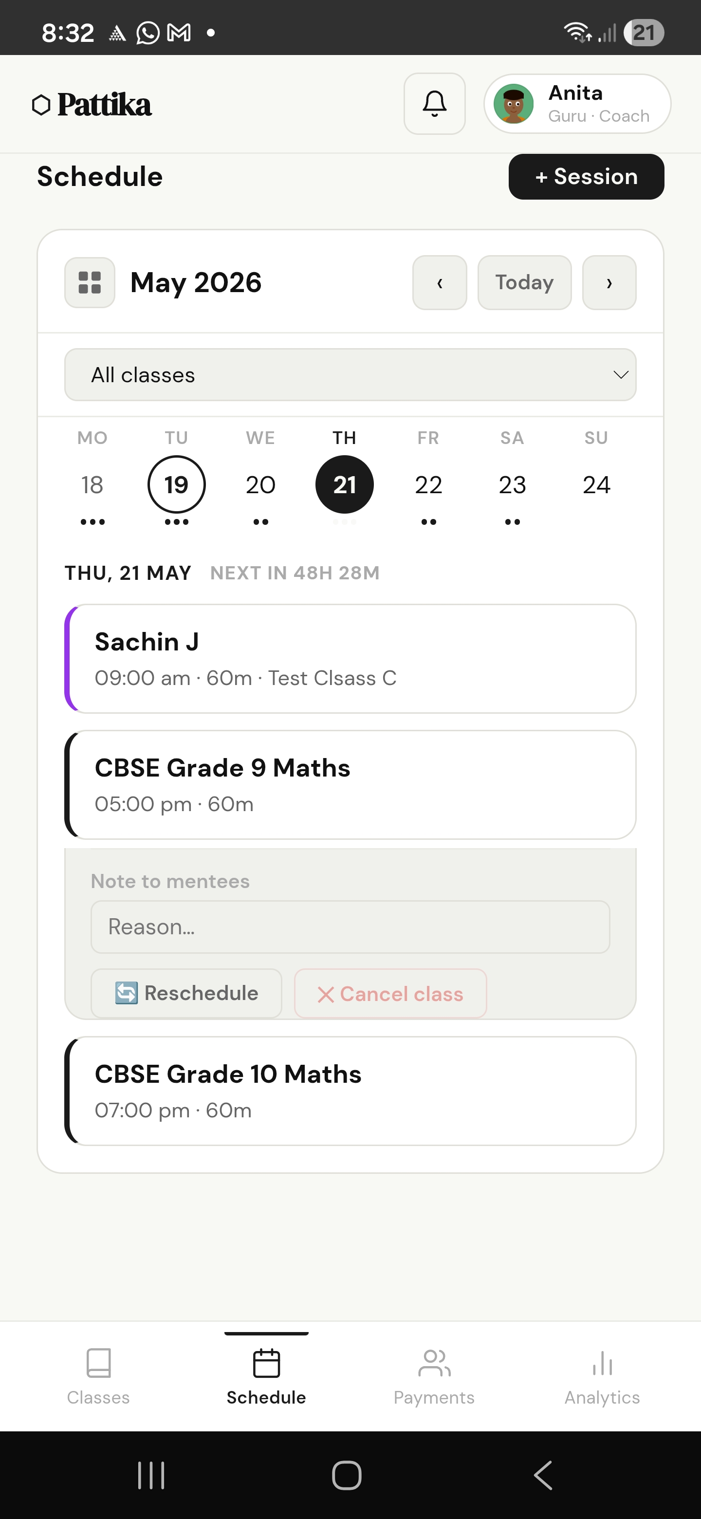Reschedule and cancel session